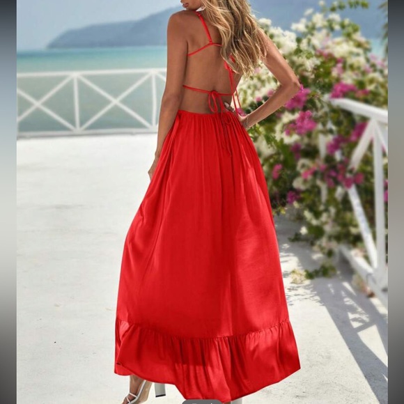 Boho square neck backless strappy ruffle maxi dress green - Picture 6 of 6